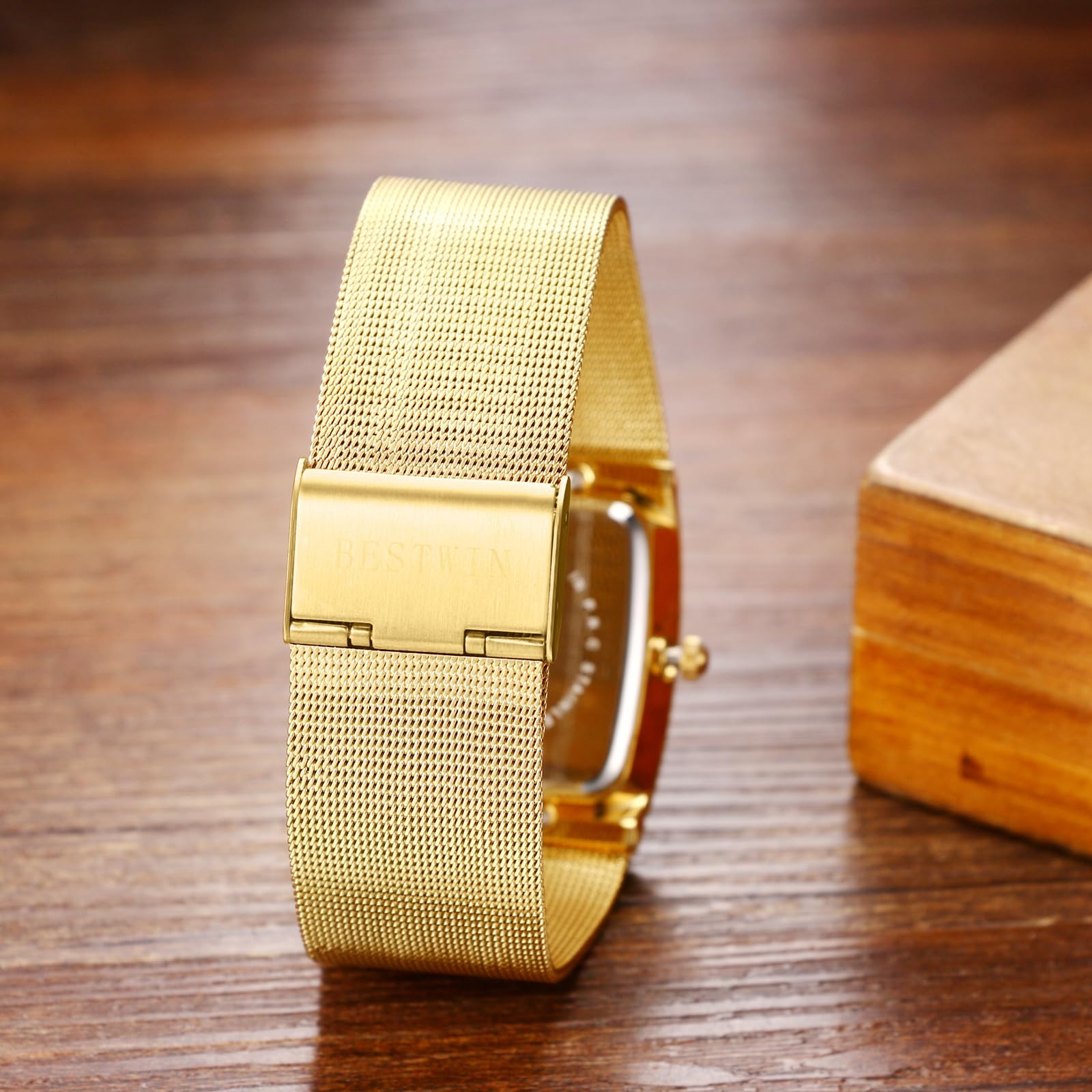 JewelryWe Zegarek męski, kwadratowy, świecący zegarek: 4 sztuki, 3ATM, wodoszczelny, analogowy, kwarcowy, męski, ze stali nierdzewnej, bransoletka z siateczką, ze świecącymi wskazówkami i prostokątną