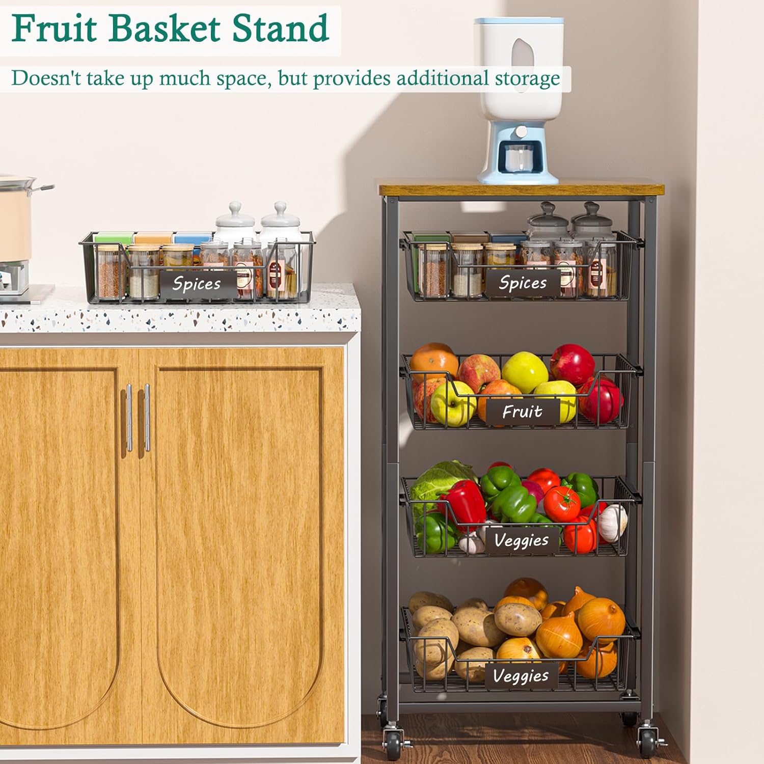 Kitchen Storage Cart with Wheels, 5-Tier Metal Utility Rolling Cart Fruit Vegetable Storage Basket Pantry Rack with Wood Top & Pull Out Baskets for Kitchen, Livingroom, Diningroom, Office - Image 6