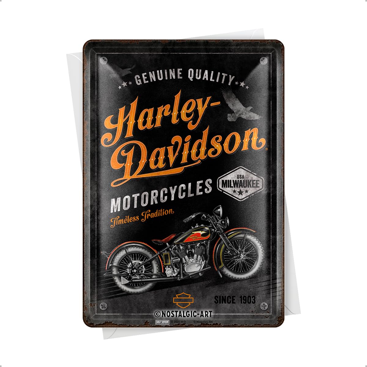 Nostalgic-Art Retro Tin Postcard, 10 x 14 cm, Harley-Davidson - Timeless Tradition - Gift Idea for Bikers, Original Licensed Product (OLP), Metal Postcard, Mini Tin Sign as Greeting Card