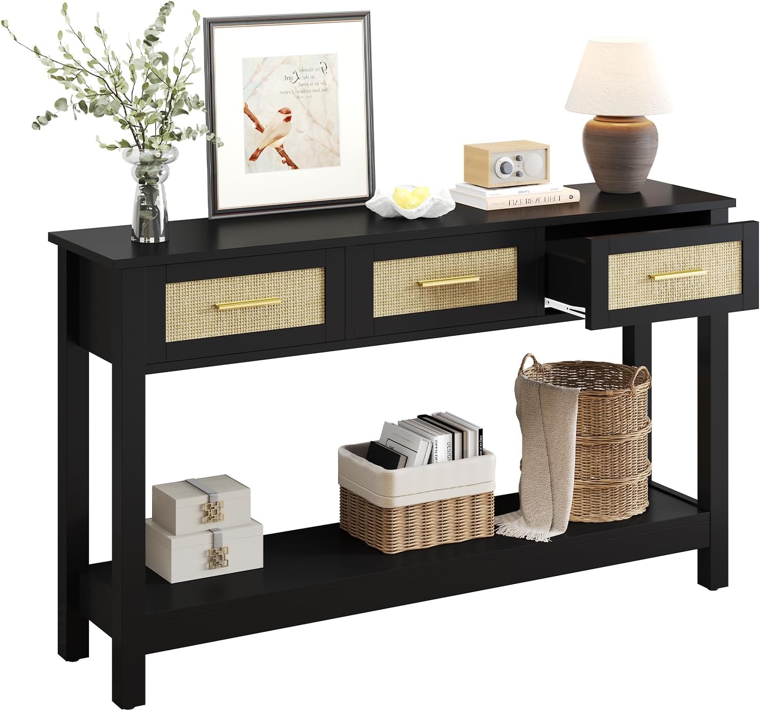 JASIWAY Rattan Console Table with 3 Drawers, Boho Narrow Entryway Table