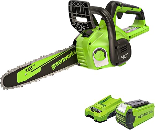 Greenworks Motosierra compacta inalámbrica de 40 V y 12 pulgadas (ideal para limpieza de tormentas, poda y campamento), batería de 2.0 Ah y cargador