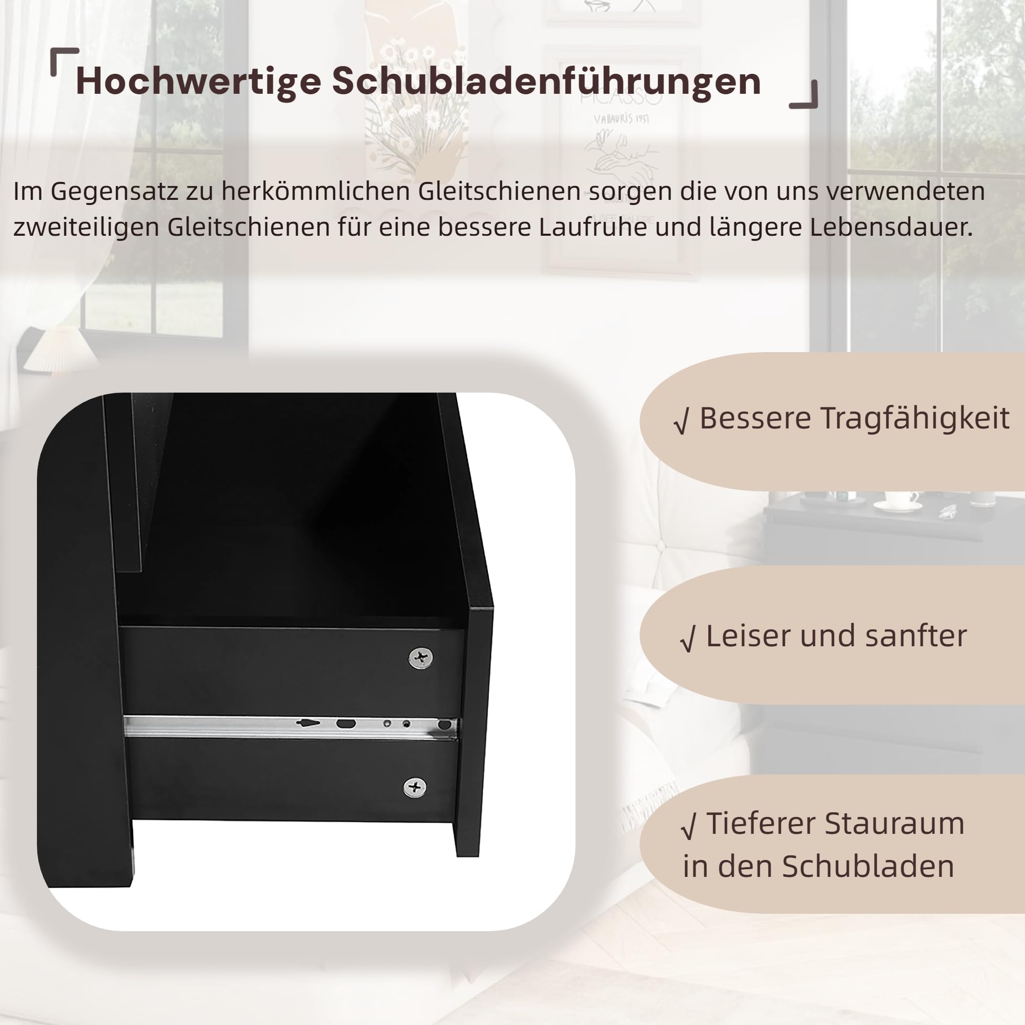 FirFurd Nachttisch mit Steckdosenleiste Nachtschrank 3 Schublade 45x38x66cm | Beistelltisch mit 2 AC-Steckdosen, 2 USB-Anschlüsse, 1,8 m Netzkabel, Nachtkommode für Schlafzimmer Wohnzimmer Büro, schwarz