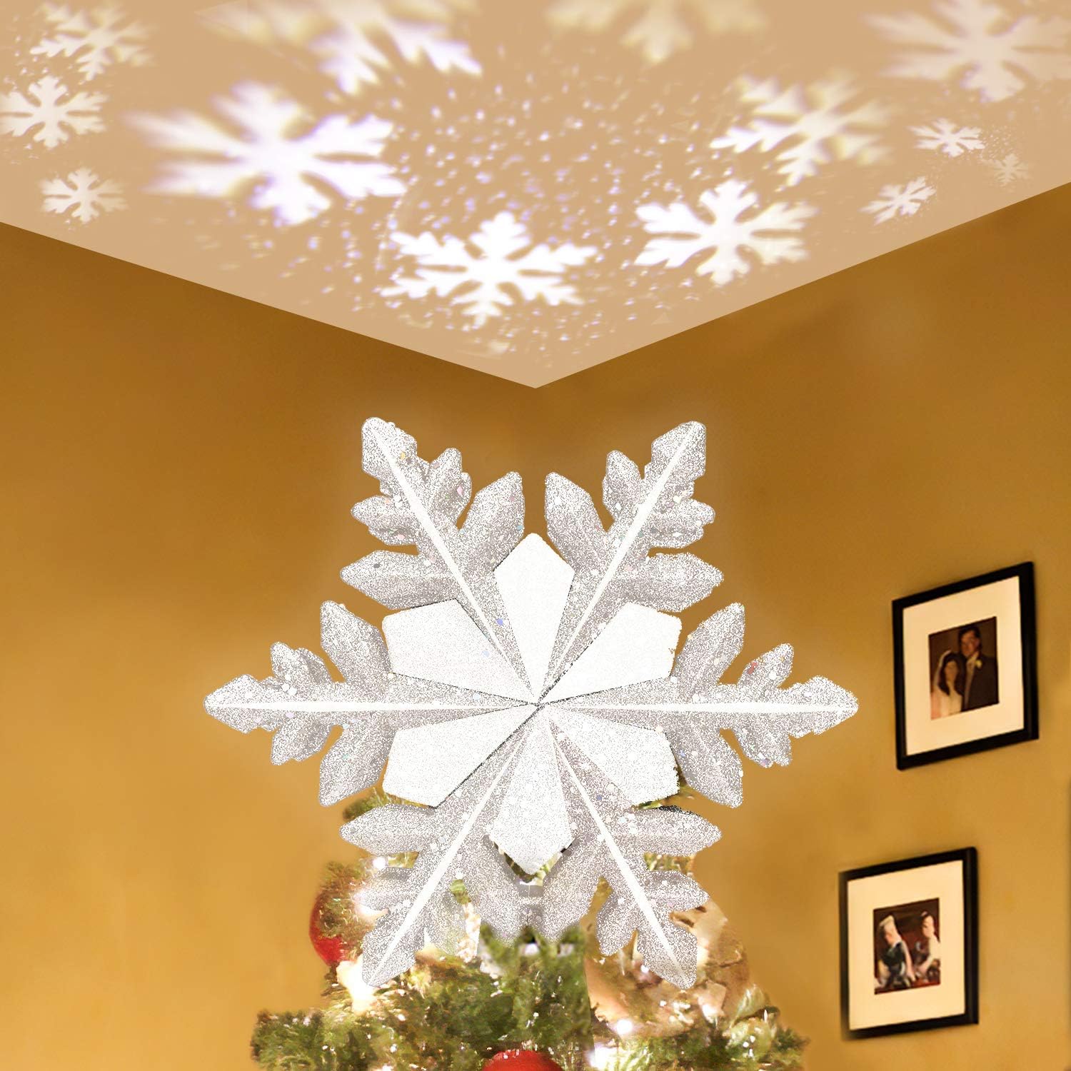 Christmas Tree Topper Star Lighted,3D Glitter Sliver Snow Tree Toppers Snowflake Projector Lights Lighting for Decoration