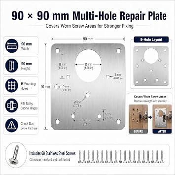10PCS Hinge Repair Plate and Cabinet Door Repair Plate Kit | 90 x 90 mm Stainless Steel Brackets with 60 Screws for Kitchen Cupboard Doors, Wardrobes and Furniture Repair