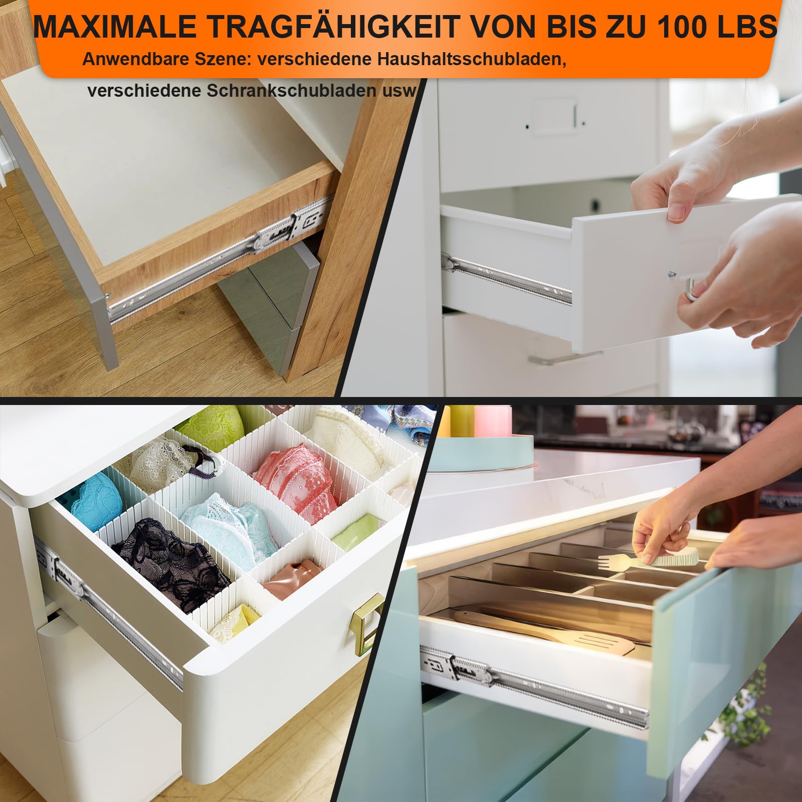 Schubladenschienen, 50cm, 6 Paar (12 Stück), sanft schließende, Vollauszug, 3-fach gefaltet, rollenauszug schubladenauszüge, seitliche Montage, schubkastenauszug, 45,4 kg Kapazität, Silber,20inch
