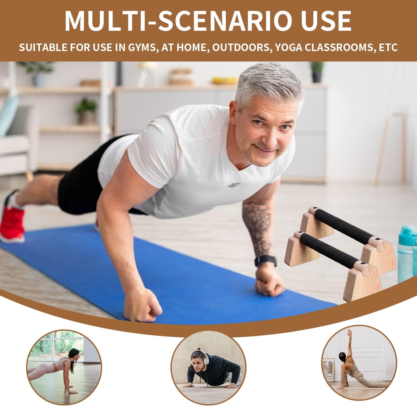Parallette in legno massiccio per flessioni, barre per calisthenics, piedi in gomma antiscivolo, per esercizi calistenici, attrezzature per fitness, ginnastica
