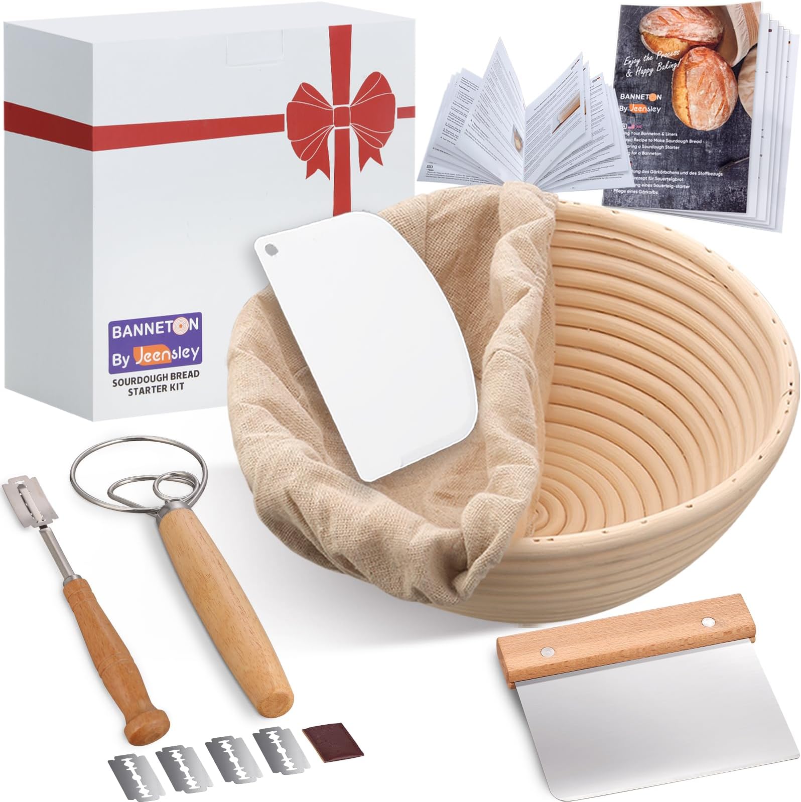 Banneton Bread Proofing Basket Set with Brochure & Baking Supplies, 9 Inch Round Proving Bowl with Liner & Making Tools, Sourdough Starter Kit, Handmade from Quality Natural Indonesian Rattan