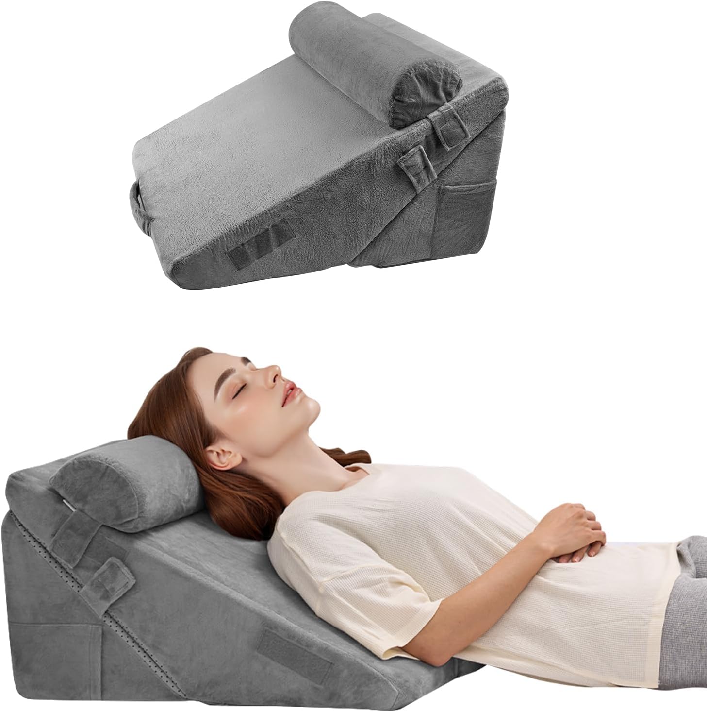 vevor bed wedge pillow for sleeping, 3 pcs adjustable orthopedic bed wedge set, with washable cover & foam support, post surgery pillow for acid reflux, back pain, snoring relief & gerd, dark grey 3pcs-half moon pillow-velvet