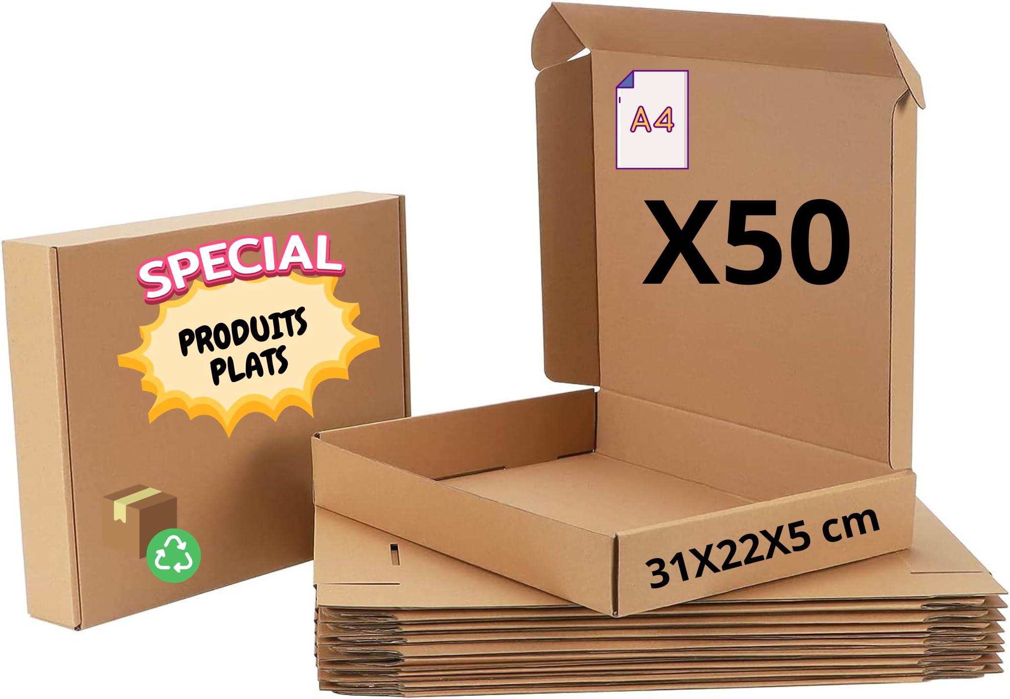 Lote de 50 cajas postales extraplanas tamaño A4 | Dimensiones: 310 x 220 x 50 mm | Embalaje y envío Productos planos (marco de fotos, libros, camisa...)