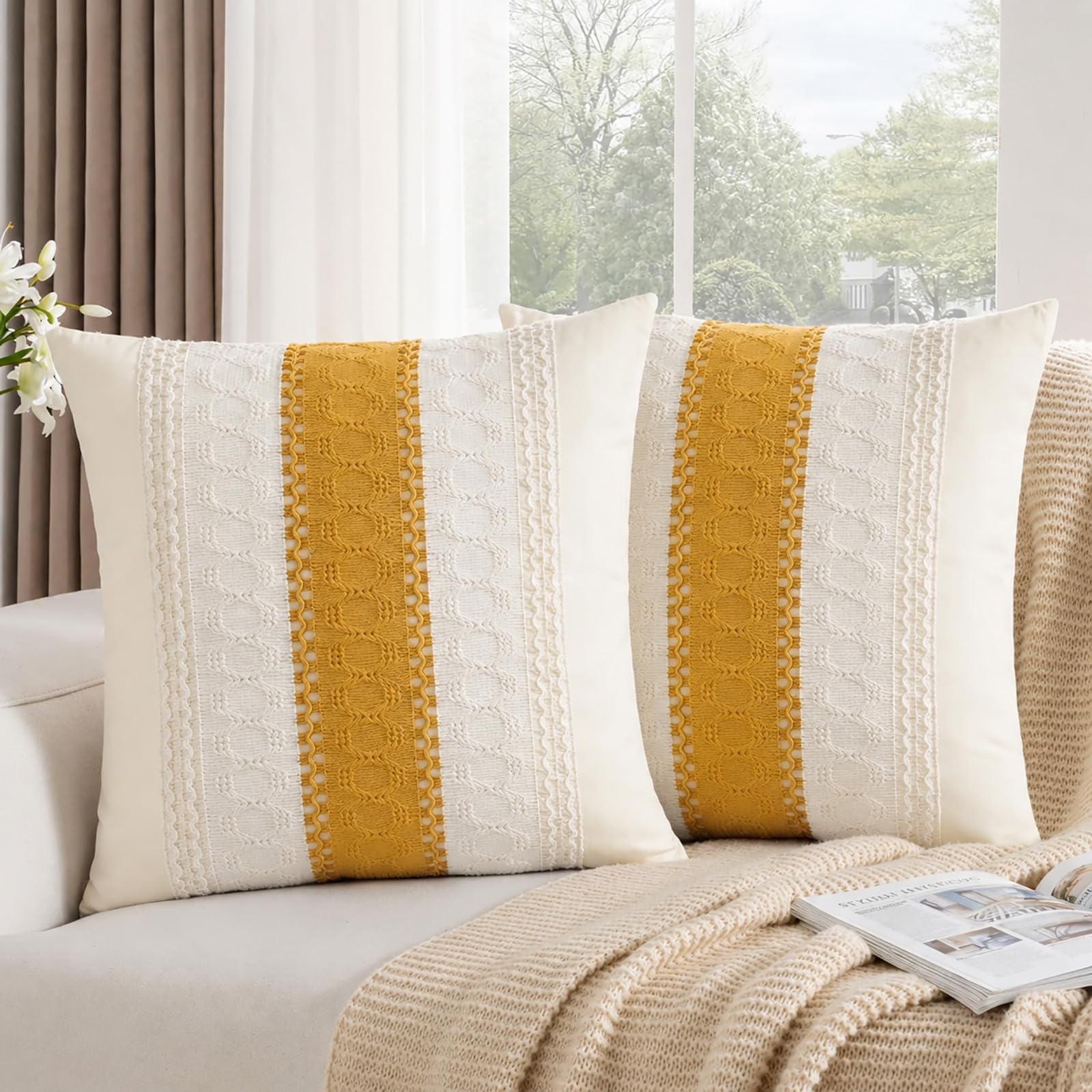 DakTou Cushion Cover 50 x 50 cm Set of 2 Cream White Yellow Cotton Decorative Cushion Covers with Crochet Lace Boho Country House Cushion Covers for Sofa Living Room Bedroom Textured Home Accessories