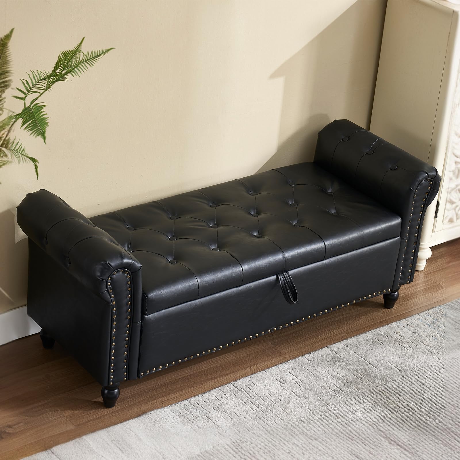 Furniliving Storage Ottoman Bench, Leather Benches End of Bed Bench with Solid Wood Legs Upholstered Ottoman Bench with Storage Indoor Bench for Living Room with Rolled Arm, Entryway, YellowBrown: 19.69"D x 55.12"W x 21.65"H Black-pu