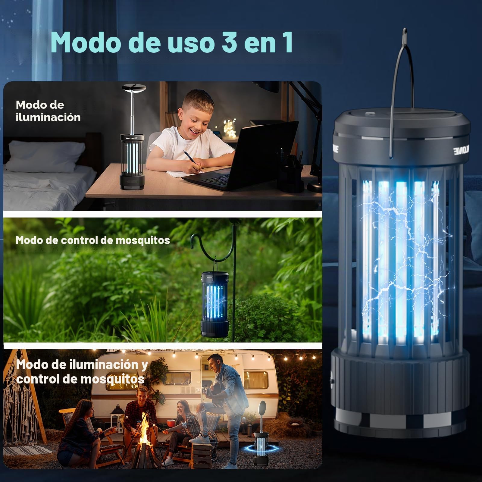 PALONE Lampara Antimosquitos Ajustable en Altura 4000mAh USB-C Mata Mosquitos Electrico UV y LED, Trampa para Moscas con Rejilla de Seguridad, Material ABS silencioso para Cocina/Balcón/Camping