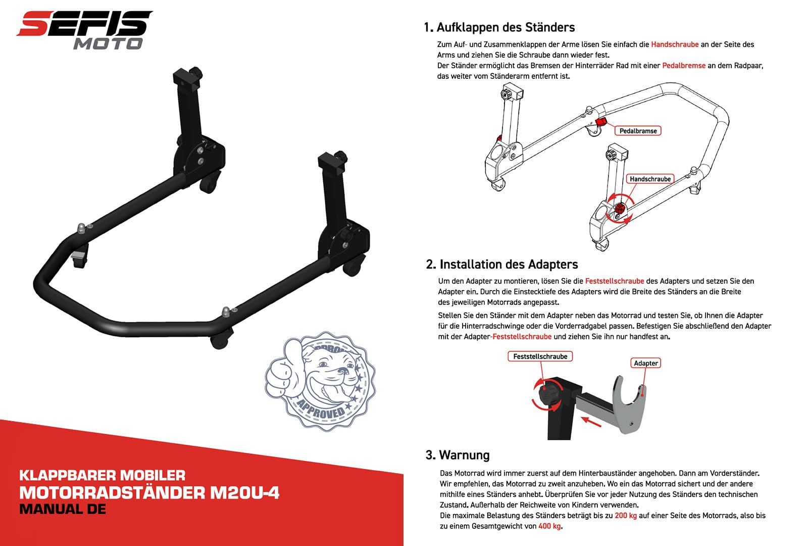 SEFIS M20U - Juego de soporte para motocicleta + bujes prisma M8 para rueda trasera, elevador de moto, soporte de servicio trasero plegable (para BMW S1000RR / R/XR M1000RR / R/XR)
