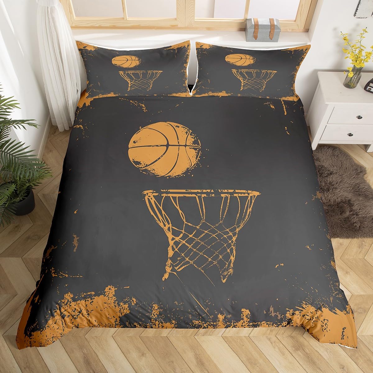 Castle Fairy Cartoon Basketball Bedding Set Twin Size,Sports Games Theme Duvet Cover Basketball Hoop Bed Comforter Cover Set for Kids Boys Girls,Sport Theme Bedding Quilt Cover Set Decorative 2 Piece