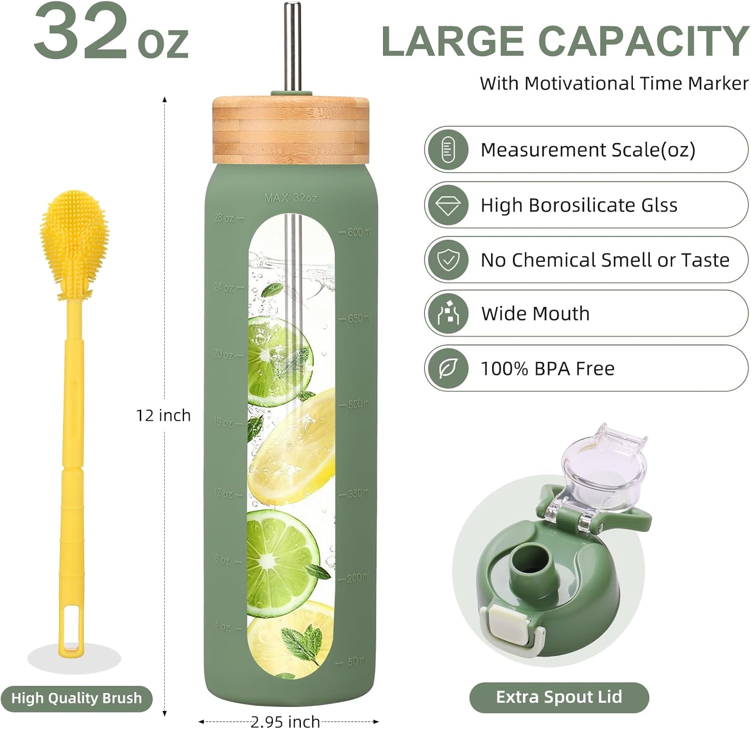 32 oz glass water bottle - 1 Litter Motivational Tumbler With Time Marker - Borosilicate Glass Water Bottles With Silicone Sleeve and 2 Lids - Handle Spout Lid & Bamboo Straw Lid