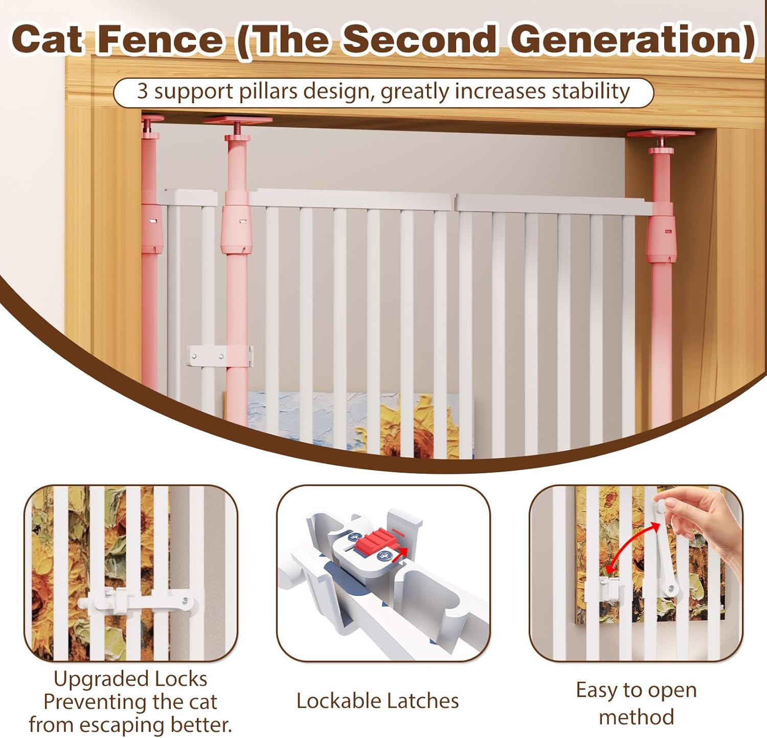 YUFU Extra Tall Cat Gate, 74.8" - 96.5" Height Adjustable 30.3" - 38.2" Width Adjustable Auto-Close Pressure Mounted Cat Safety Gate for Doorways, Stairs, Hallways (White)