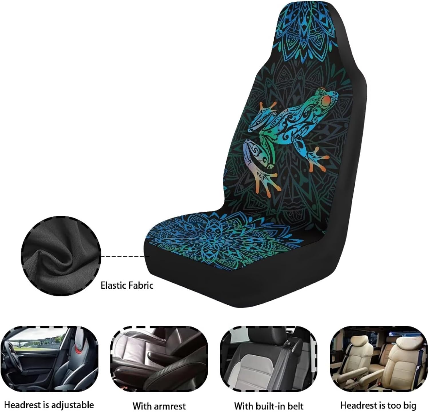Boho Mandala Frog Pattern 2Pcs Car Seat Covers Auto Front Bucket Seat Covers Vehicle Front Seats Decor Universal Fit Most Truck SUV Car Accessories