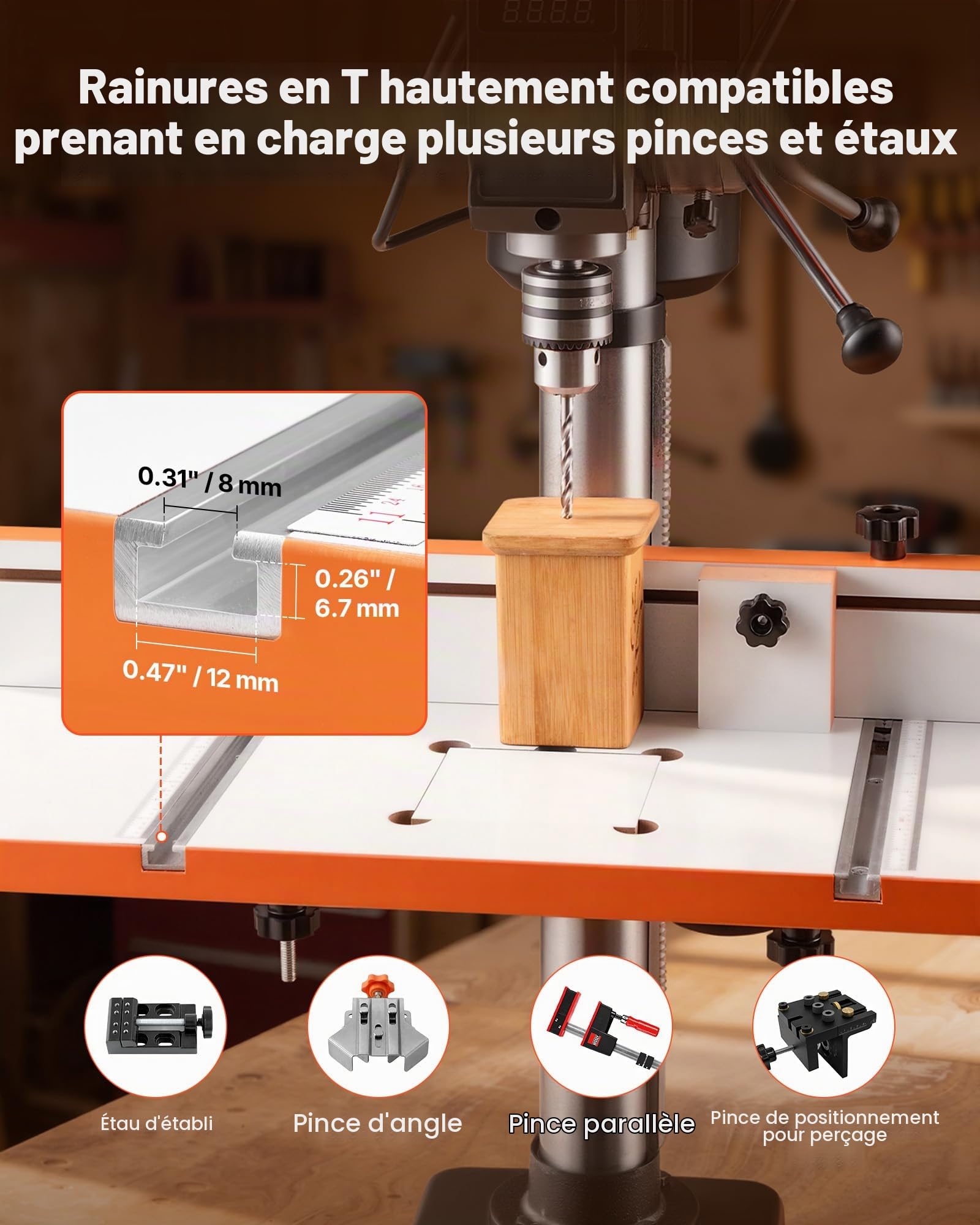 VEVOR Table pour Perceuse à Colonne 600x298 mm Table de Perçage pour Perceuses à Colonne, avec Butée et Guide Réglables, Rainures T Compatibles avec Divers Étaux Pinces, Plateau MDF, Échelle Intégrée
