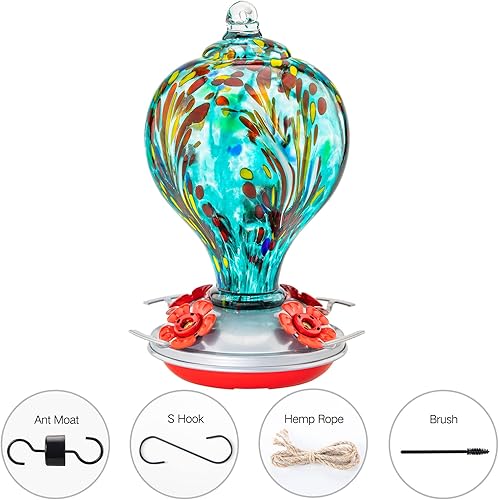 Miniatura 2 de Comedero de colibríes de vidrio de 32 onzas con foso de hormigas, decoración de porche de patio (azul turquesa)
