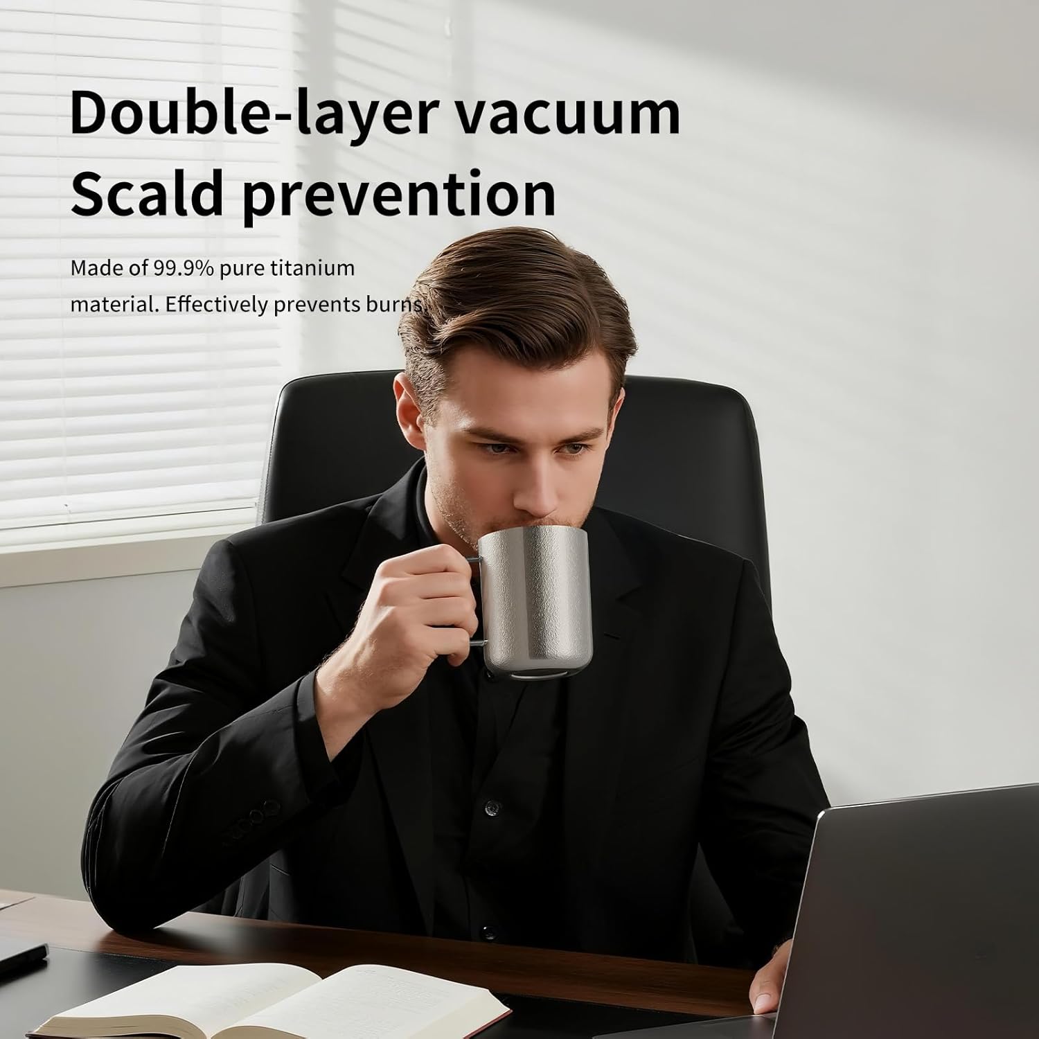 Pure Titanium Coffee Mug,With Handle and Sliding Lid,Pure TitaniumTravel Tumbler Cup with Handle,Double Wall Vacuum Insulated Camping Cup for Hot & Cold Drinks Tea,12 oz,Office Travel Cup. - Image 4