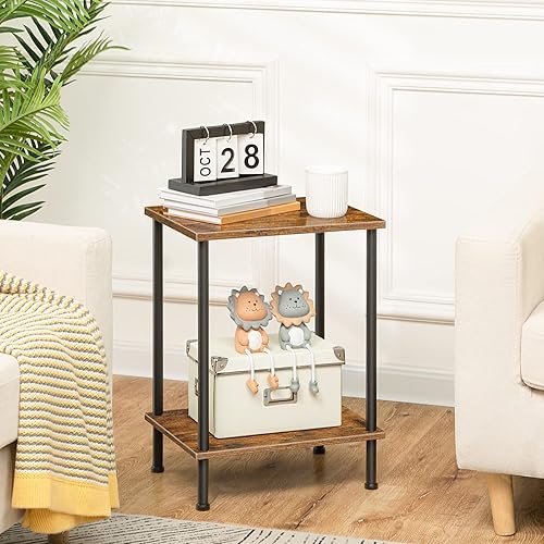Miniatura 7 de HOOBRO Mesa auxiliar, mesa lateral pequeña, mesita de noche con 2 estantes de almacenamiento, mesa de sofá para espacios pequeños, sala de estar,