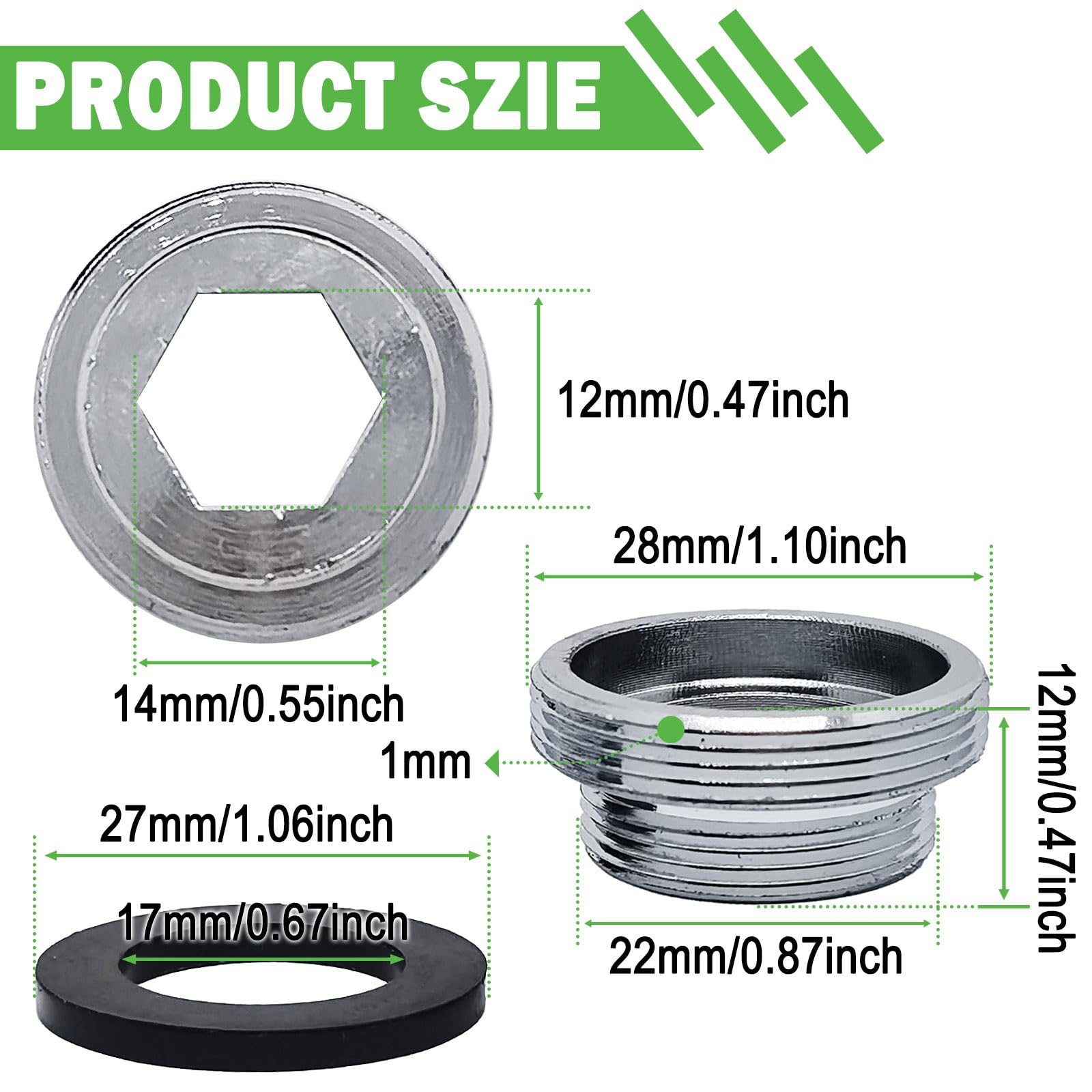 Brass Faucet Water Aerator Adapter – 28mm To 22mm NPT Thread (Male To Male), Chrome-Plated With Rubber Gaskets For Kitchen/Bathroom