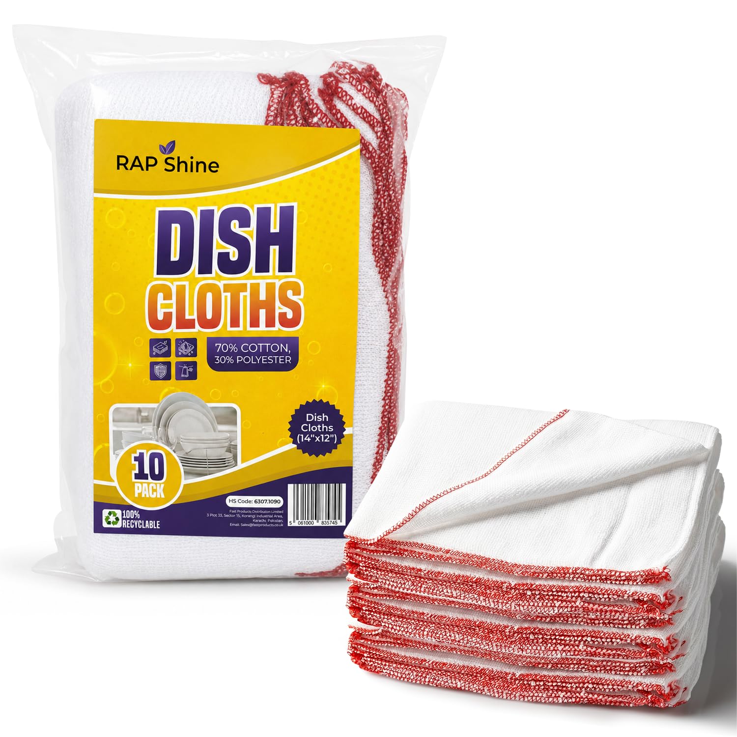 RAP Dish Cloths –10pcs Cotton Kitchen Cleaning Towels 14"x12", Washable & Reusable White Dish Cloths for Catering, Restaurants, Hotels & Commercial Kitchens