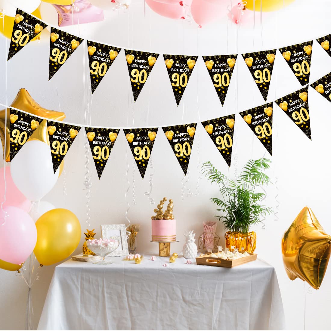 Geburtstags-Banner „Happy Birthday“ – Wimpel-Kette Schwarz/gold, 6 M Band, Inkl. Montage-Nadel, Für Party-Deko