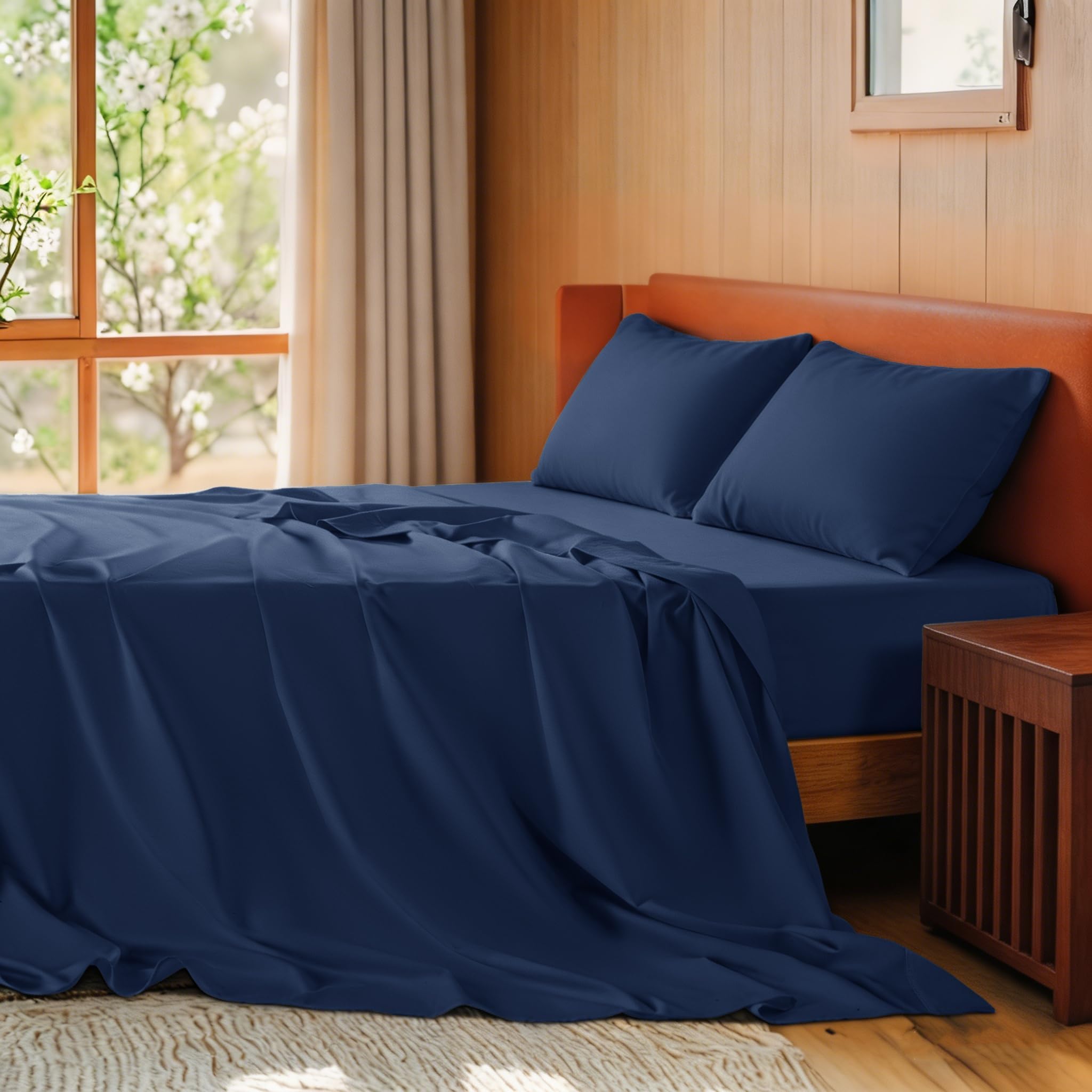 SONORO KATE 100% Egyptian Cotton Sheets Queen Size - 600 Thread Count, Luxury Hotel Sateen Weave Bedding Set, Soft Breathable Sheet Sets, 16" Deep Pocket - 4 PC(Navy Blue,Queen)