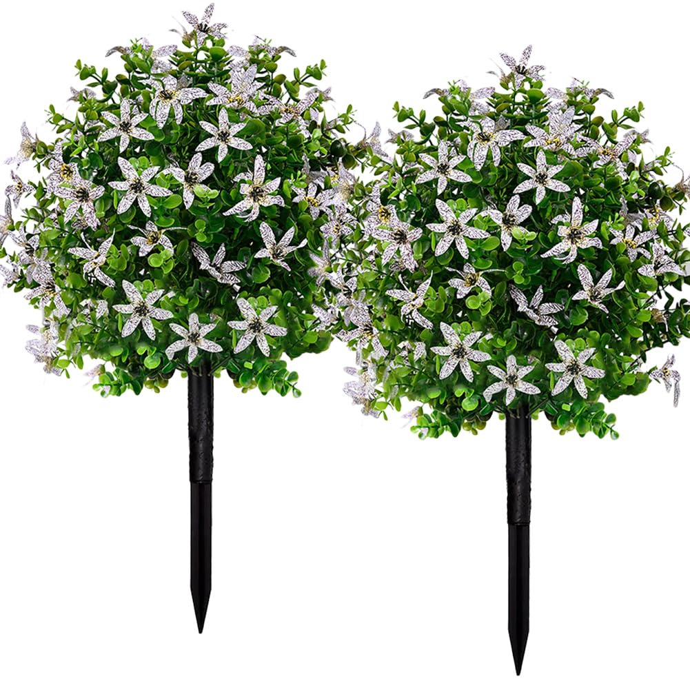 MTICYL 23.6in Artificial Boxwood Topiary Ball Trees with Flowers,2 Pack UV Resistant Faux Greenery Shrubs for Outdoor with Ground Spike,Fake Boxwood Plants for Front Porch Garden Yard