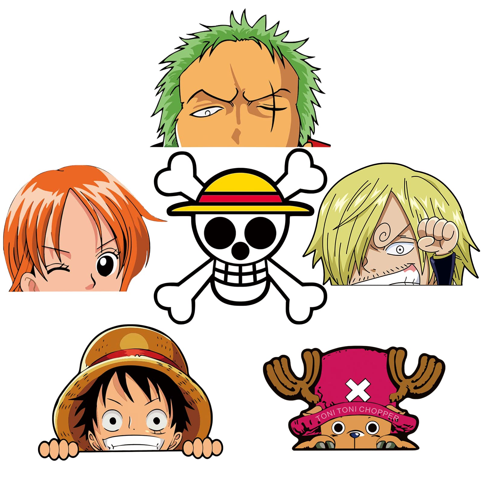 Anime Car Decals for One_Piece, 6 PCS Anime Car Stickers for Luffy_Zoro_Nami_Sanji_Straw Hat Pirate_Chopper, 5.51'' One_Piece Water-Proof Stickers and Decals for Laptop/Water Bottle/Car WindowsâŚ