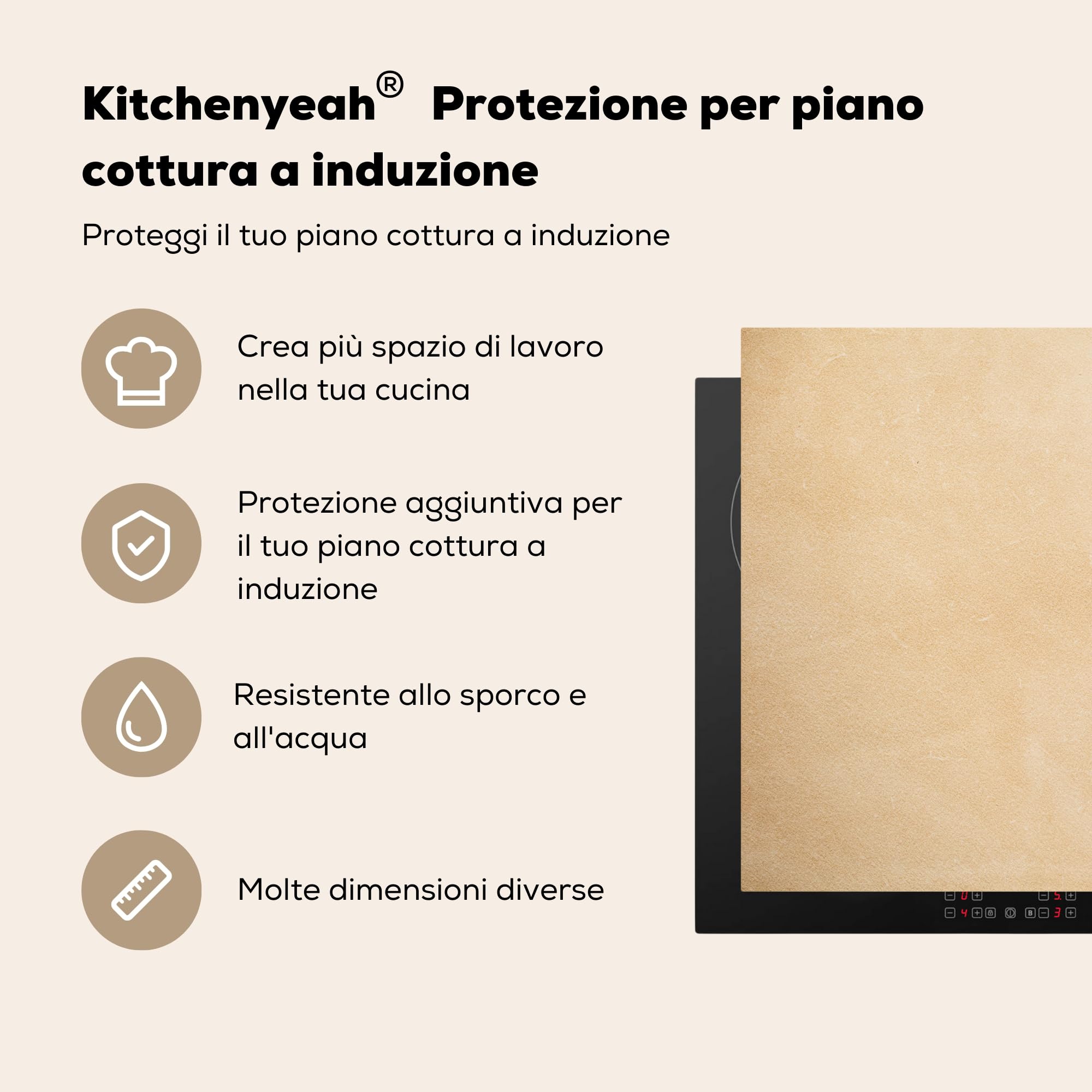 KitchenYeah© Coperchio Piano Cottura Cucina Copri Fornelli Tappetino | 59x52 cm - Induzione Antiscivolo Piastra Protezione Cuir - Texture - Aspetto pelle - Beige