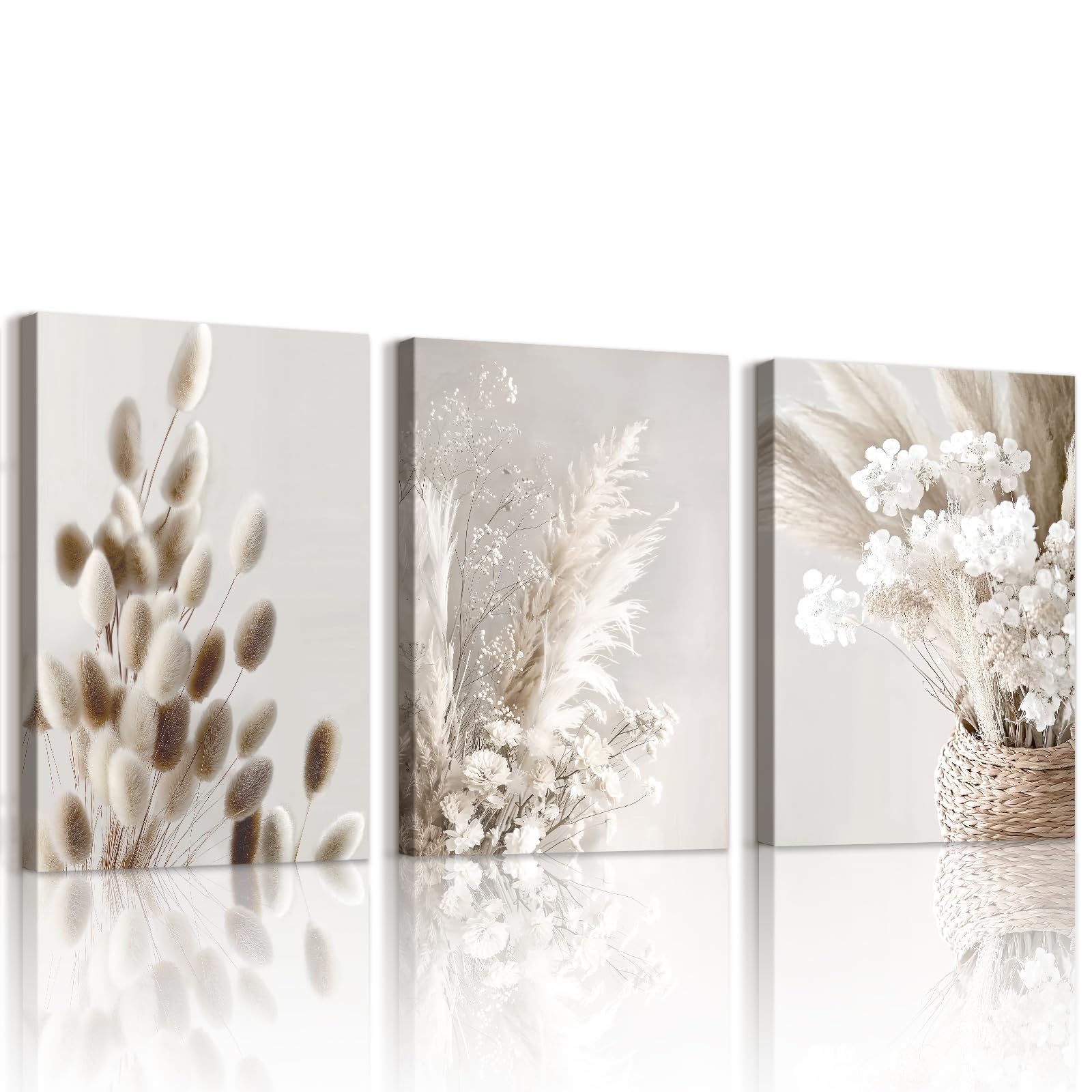 WENGTIAO Set of 3 Beige Reed Floral Canvas Wall Art Prints Framed Pictures Modern Aesthetic Boho Minimalist Beige Flowers Painting on Canvas for Living Room Bedroom Home Wall Decor 40x60cmx3