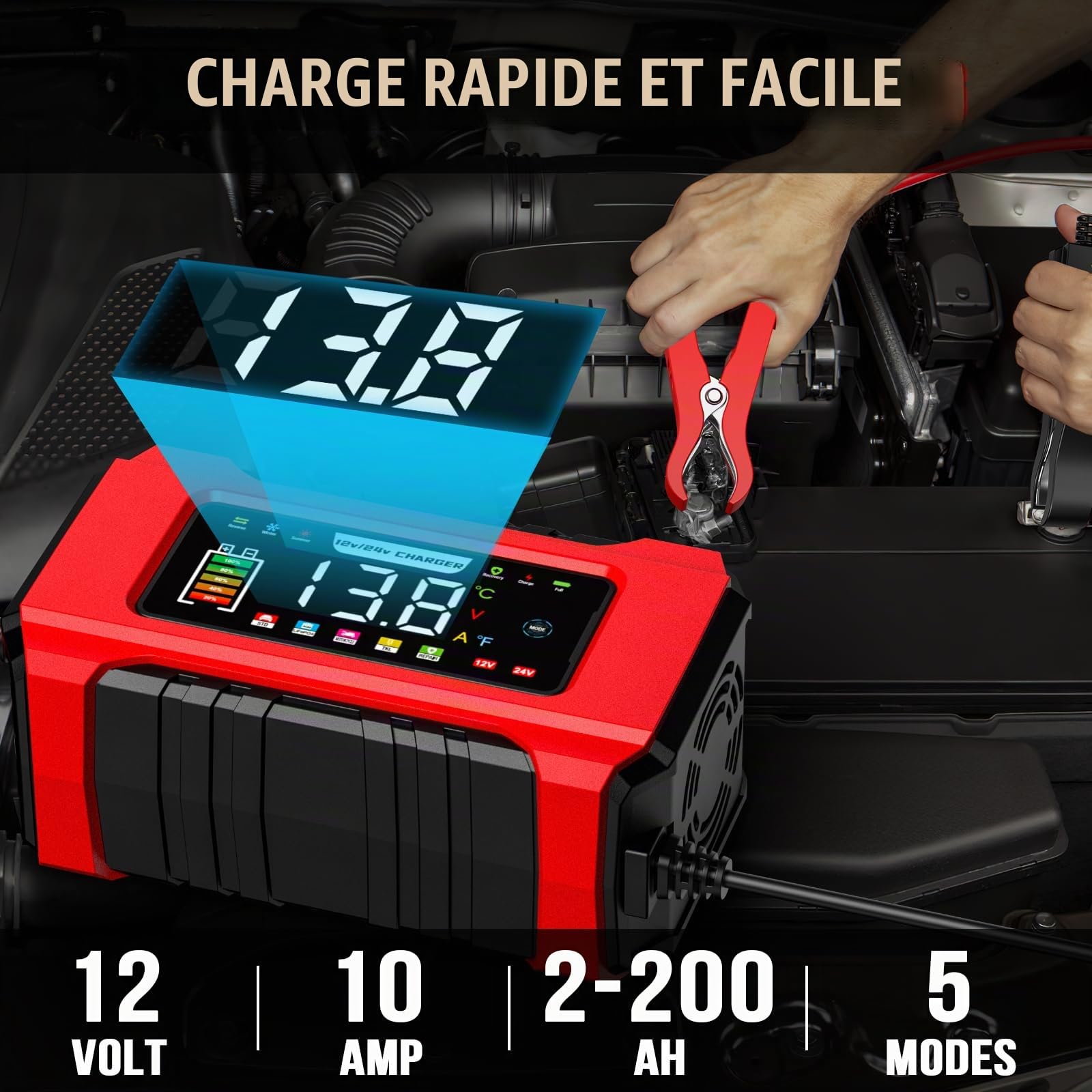15A Chargeur Batterie Voiture, 12V/24V Chargeur avec Mémoire Intelligente