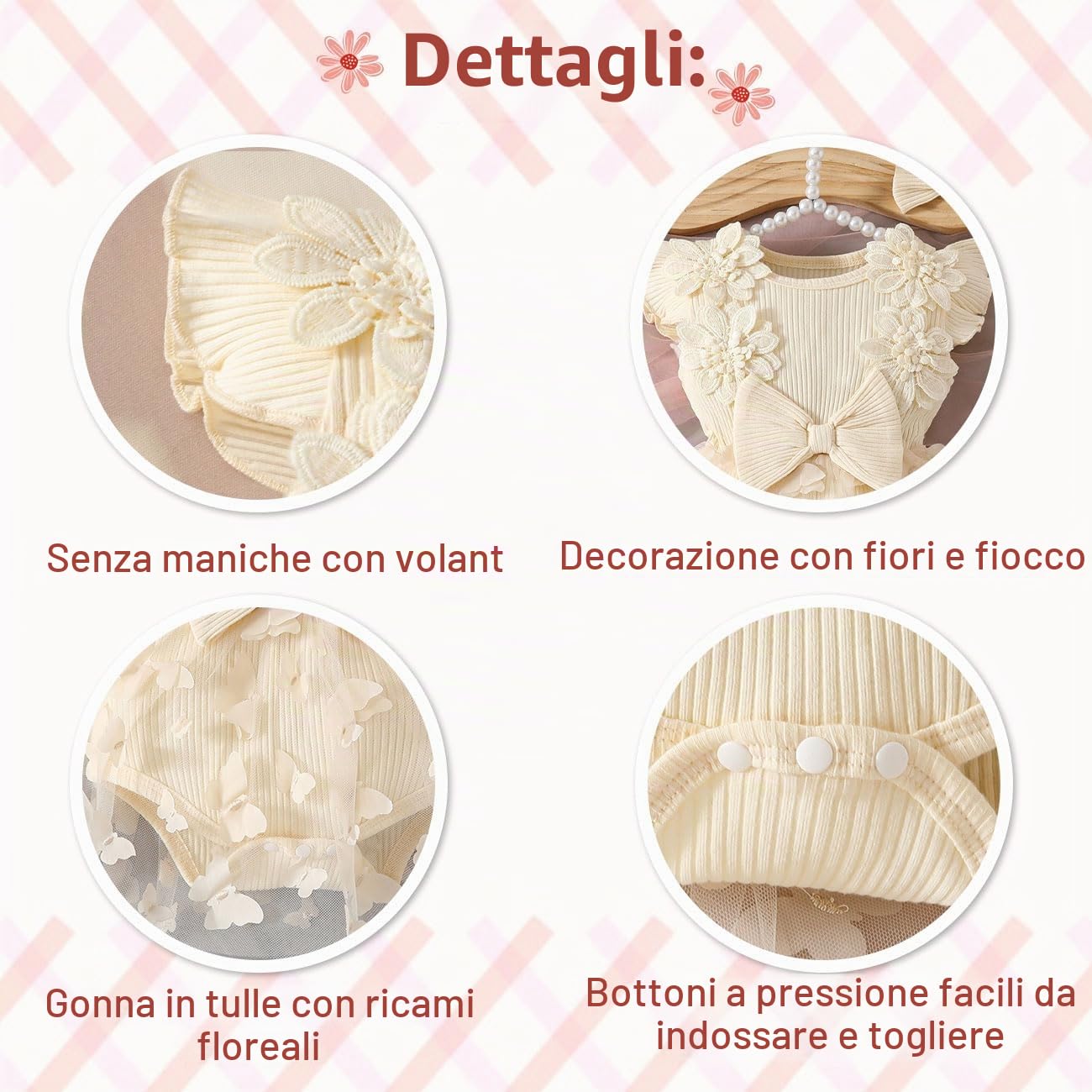 Vestito Tutina per Neonata, Abito in Tulle con Ricami 3D a Farfalle Senza Maniche con Volant + Set Cerchietto con Fiocco, Abbigliamento Estivo Autunno per Neonate, Beige/Rosa 0-18 Mesi