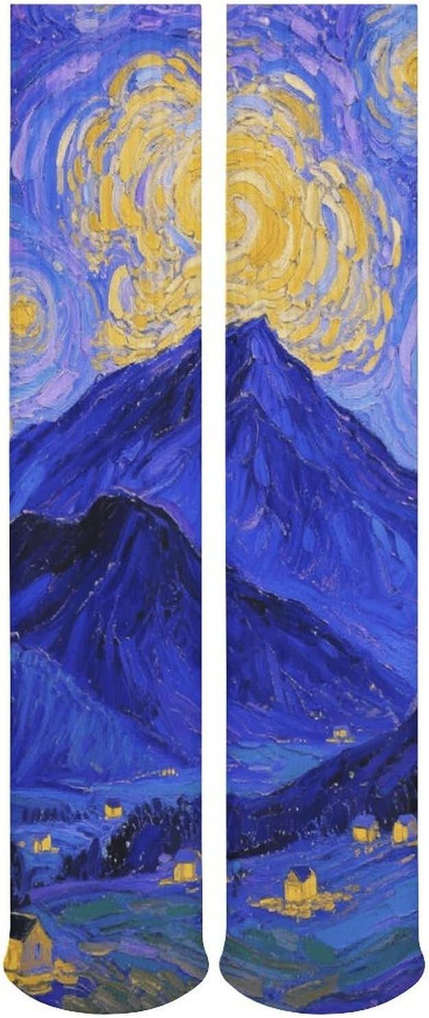 5-Pack Knee High Socks, 15.7 Inch Breathable Casual Socks Starry Night Mountains Stockings for Men Women