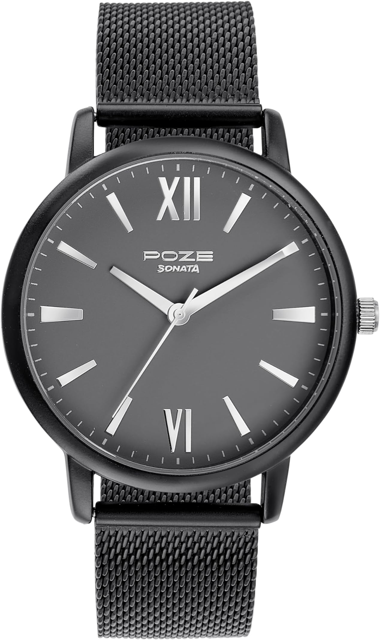 Sonata Poze Quartz Analog Grey Dial Mesh Strap Watch for Men-SP70039KM01W