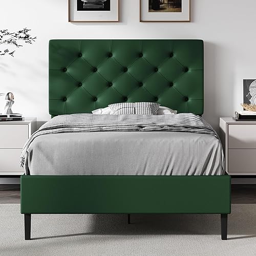 Miniatura 17 de Marco de cama matrimonial con cabecero, plataforma tapizada de piel sintética, marco de cama negro tamaño matrimonial, soporte de listones de Negro