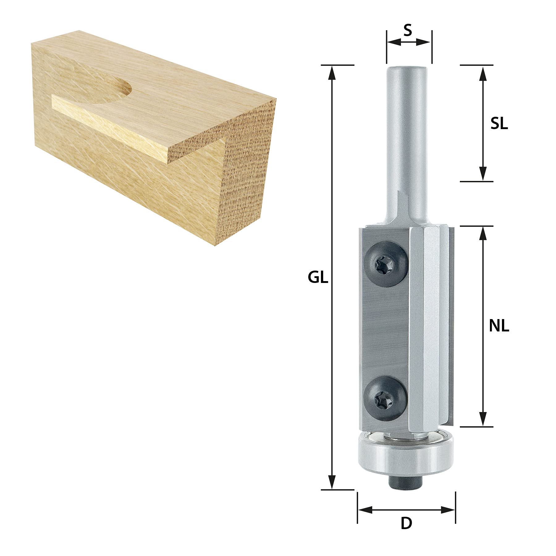 ENT 20298 Inserti di fresatura a filo in metallo duro con cuscinetto a sfera, gambo (S) 8 mm, diametro (D) 19 mm, NL 40 mm, GL 82 mm, SL 30 mm