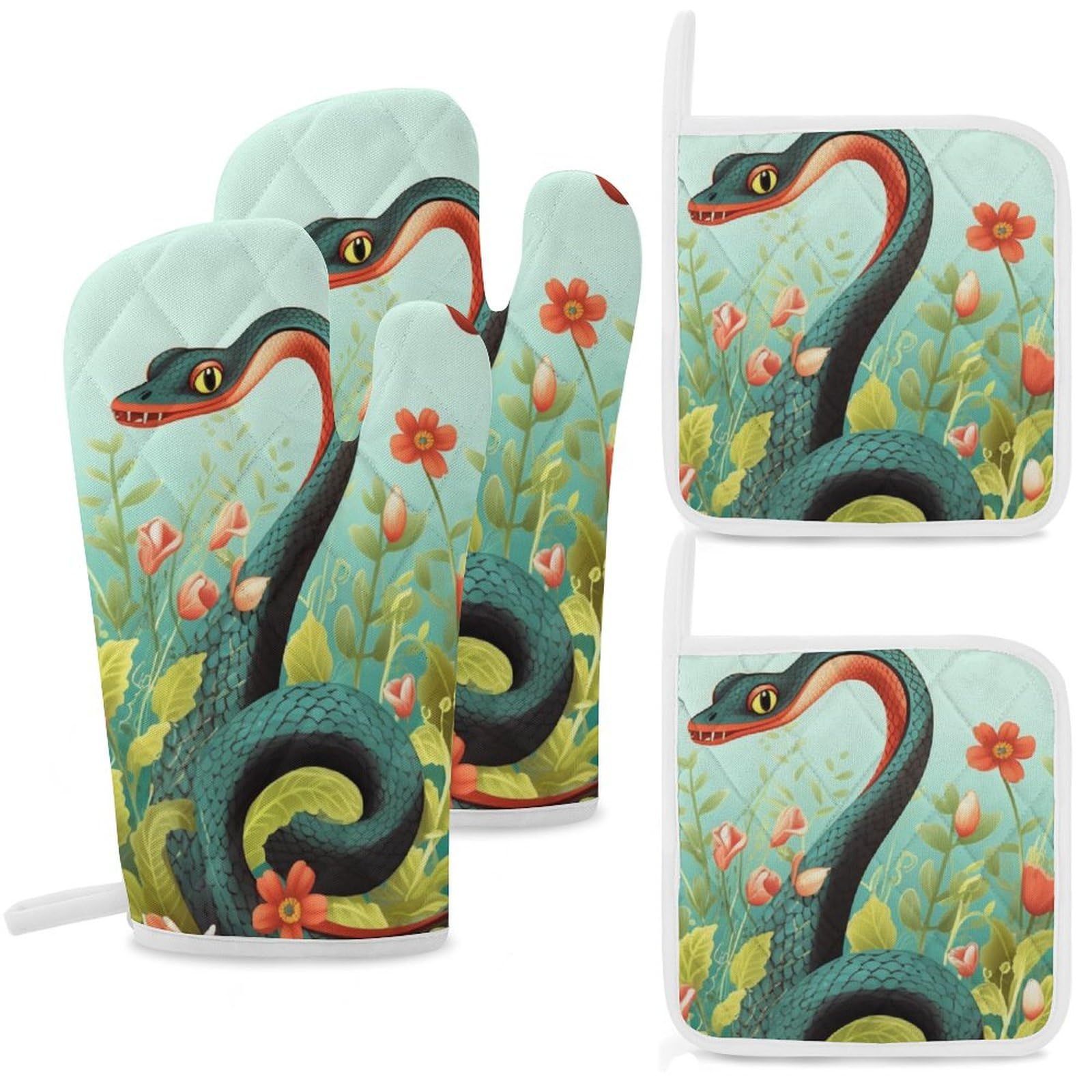 Gants de cuisine antidérapants et maniques serpent fleur lot 4