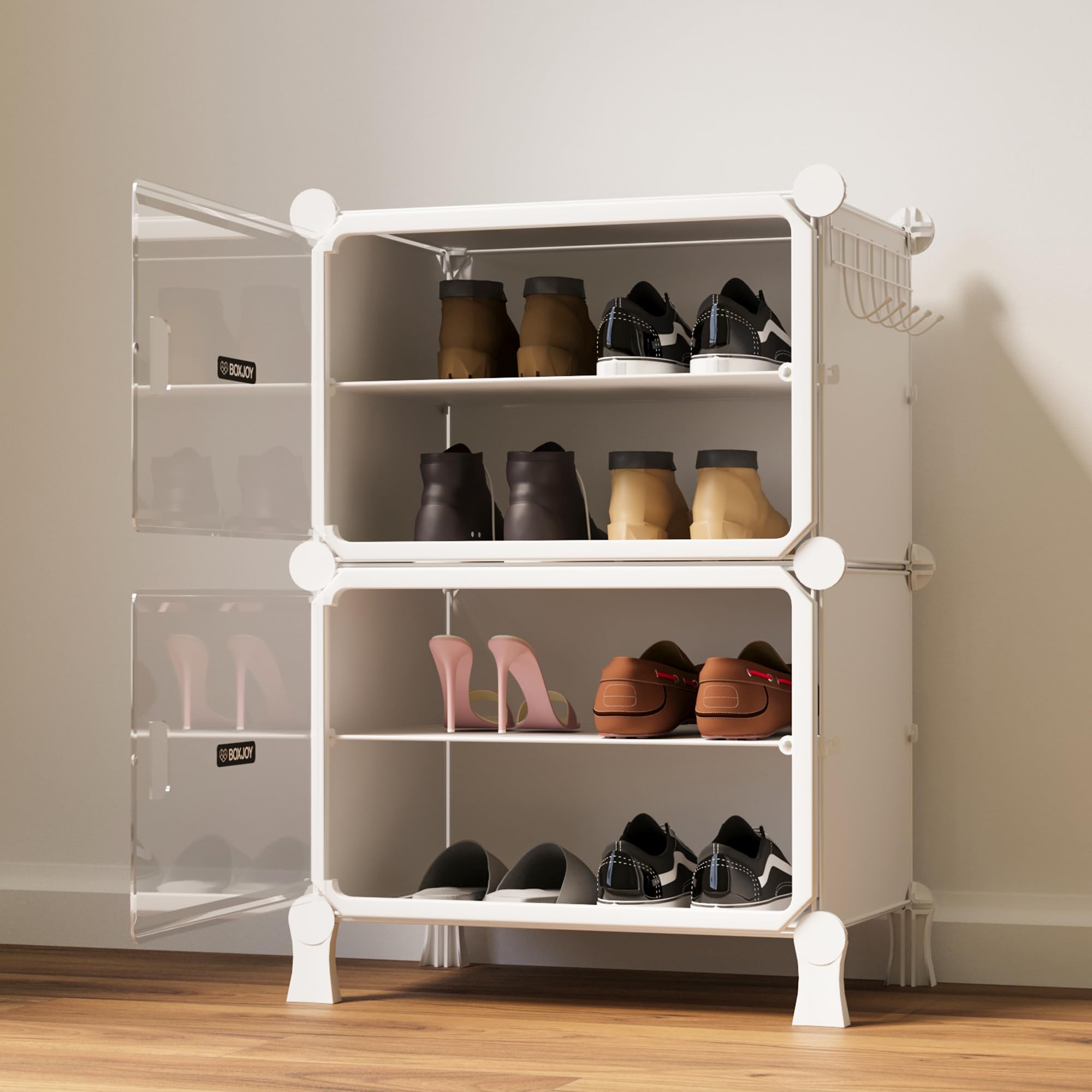 BOXJOY 4 Shelf Shoe Rack with Door Magnets and 5 Hook Steel Holder for Home Storage Box Organizer, Hard PET Plastic with Metal Door Frame, Shoe Chappal Slipper Sandals Stand(White, Transparent Door)-image-25