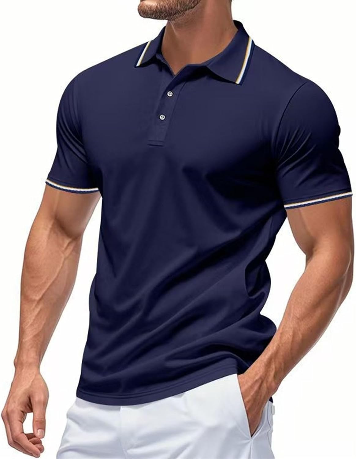 Men Dual Stripe Trim Lapel Polo Shirt Short Sleeve Business Casual Top | Button Placket, Striped Collar & Cuffs, Casual Wear, Slim Fit, Lightweight Fabric