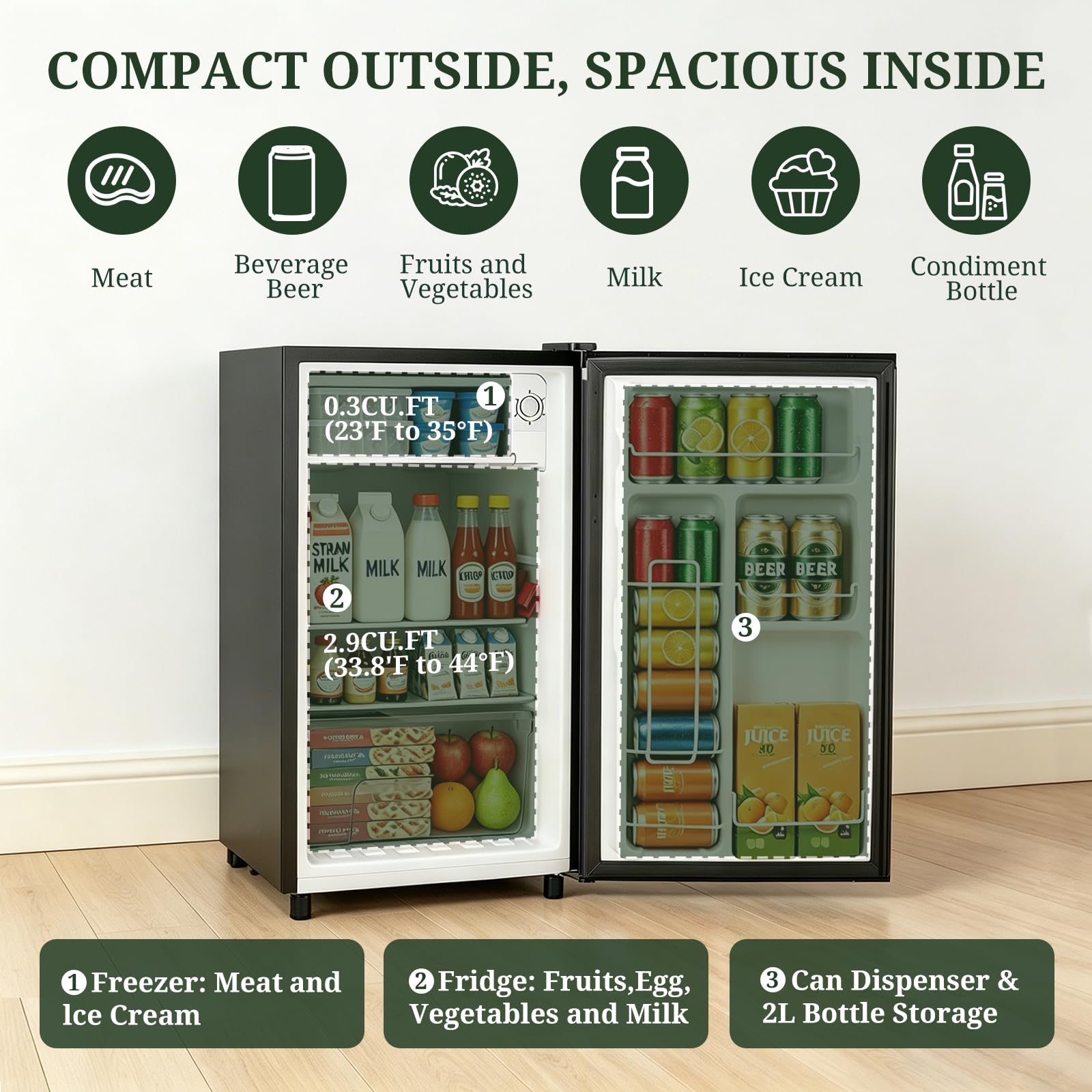 Mini Fridge with Freezer, 3.2 Cu.Ft Compact Single Door Refrigerator with Adjustable Thermostat, Low Noise & Energy Efficient (0.41kWh/Day), Small Fridge for Bedroom, Dorm, Office, Apartment (Black) - 3