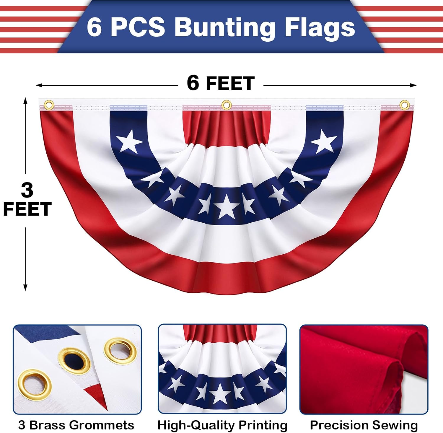 6 Pack 3x6 Feet USA Pleated Bunting Fan Flags,Patriotic Half Fan Banner American Flag Decoration Bunting for Outside Red White and Blue Decor Independence Day Memorial Day 4th of july Decorations