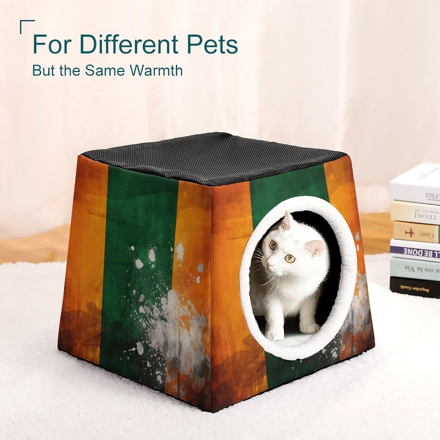 Pet Sleeping Nest Bed, Orange and Green Pattern Printed Dog House Cat Nest, Winter Pet House are Suitable for Most Cats, Dogs, and Other Small Pets