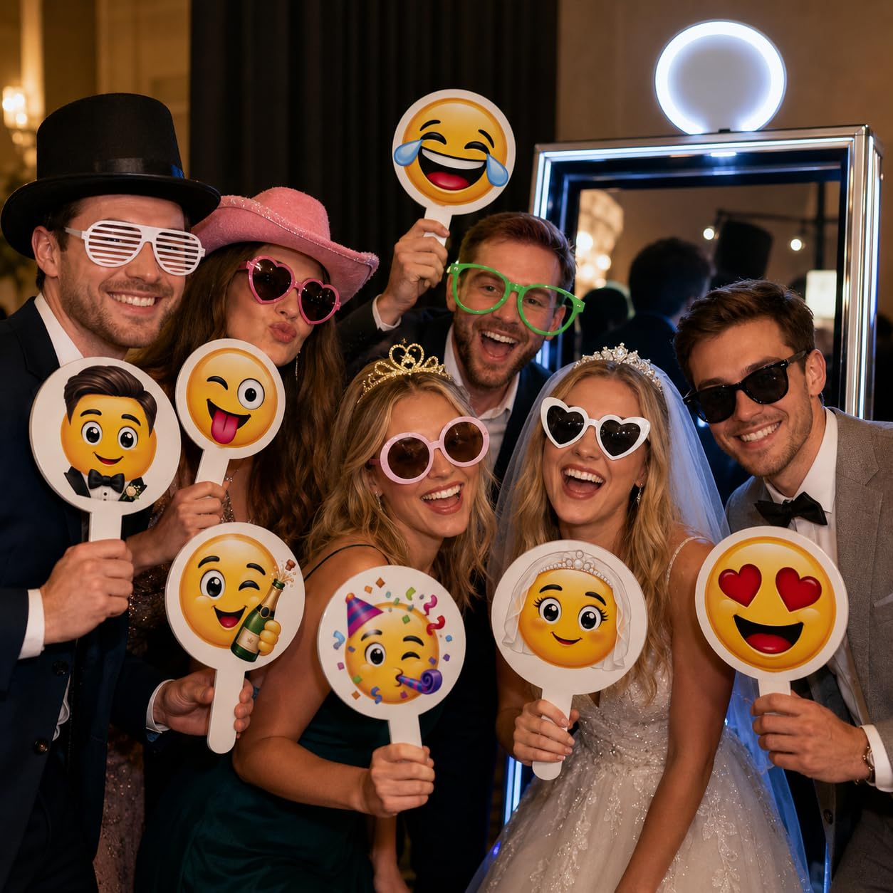 DARO Design - Emoji Foto Props 5er-Set Hochzeit Premium | Braut Bräutigam Ring Herzaugen Kuss | Fotobox Requisiten HDF 6mm Made in Germany