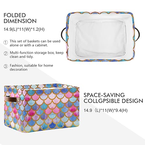 Miniatura 2 de Cesta de almacenamiento rectangular  Escamas de pez sirena colorida caja de almacenamiento plegable con asas de cuero, estantes organizador para