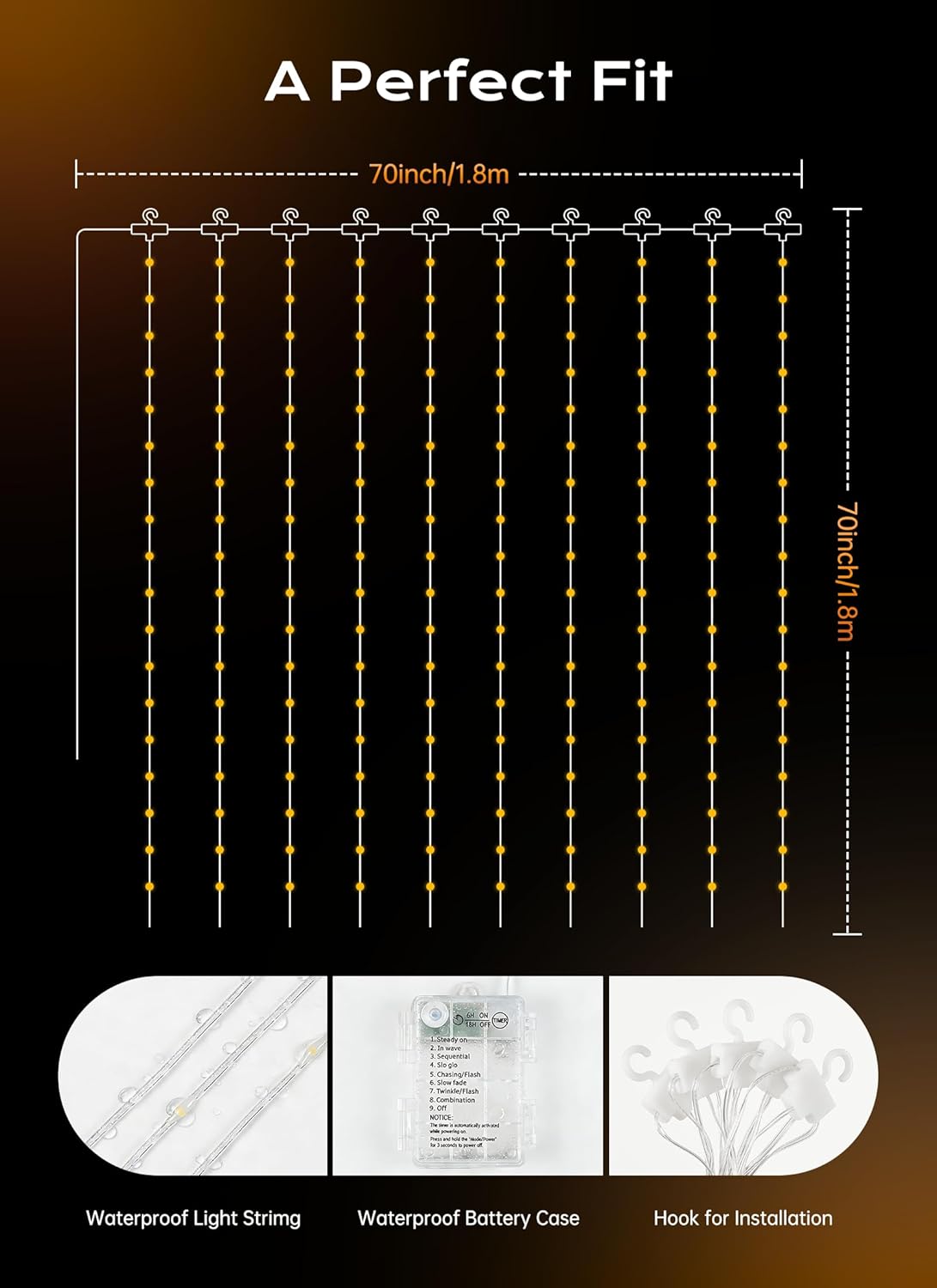 Brightown 180 LED Shower Curtain Lights, 70 Inch Warm White Fairy Lights Battery Operated String Lights, 8 Modes Waterproof Christmas Lights for Indoor Outdoor Decor(No Curtain)