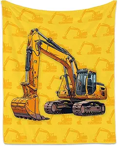 Toddler Blankets for Boys, Cozy Soft Excavator Throw Gifts for Kids, Yellow Flannel Construction Blankets for Bed Couch, 60x80 Inches
