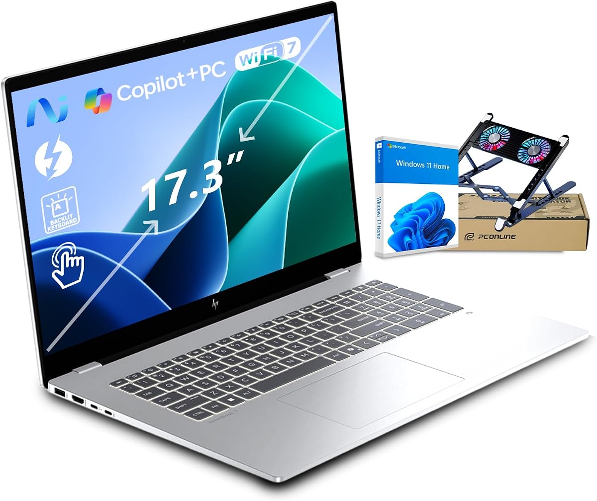 HP OmniBook 7 AI Laptop 17.3" Touchscreen, Core Ultra 7 258V, 32GB RAM, 2TB SSD, Intel Arc Graphics, AI PC with 47 Tops NPU, Thunderbolt 4, Wi-Fi 7, Long-Lasting Battery, Windows 11H, w/PCO Cooler